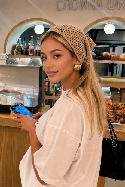 Velisse Kadın Kahve File Model Örgü Bandana | Bohem Triko Saç Bandı